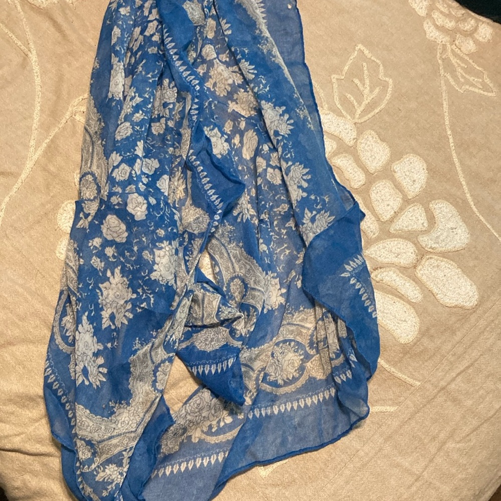 Blue and White Scarf with Paisley and Roses